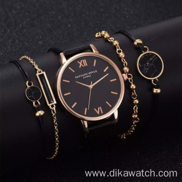 5pcs Set Top Style Fashion Women's Luxury Leather Band Analog Quartz WristWatch Ladies Watch Women Dress Reloj Mujer Black Clock